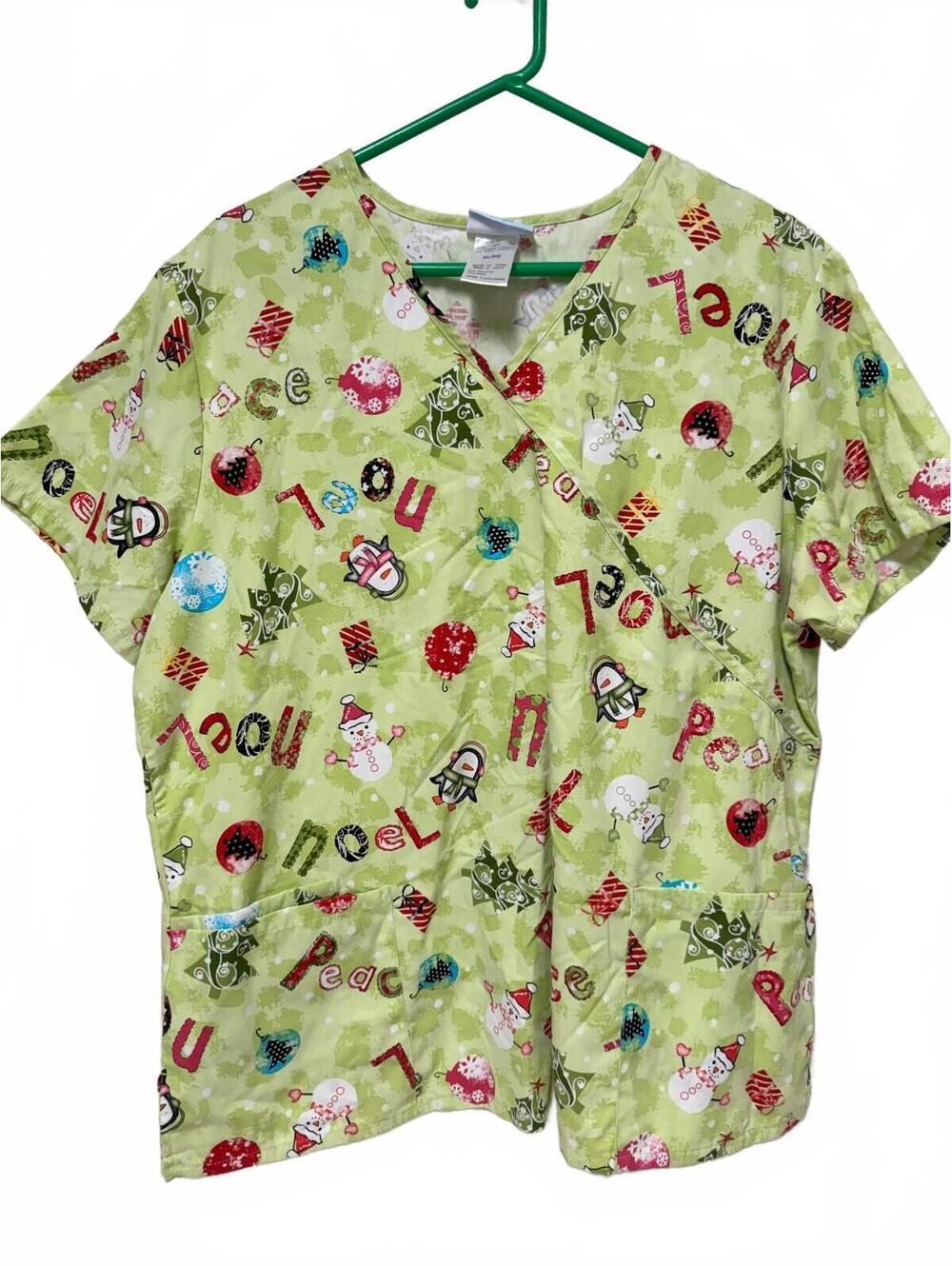 SB Scrubs V-Neck Christmas Scrub Top Green XL